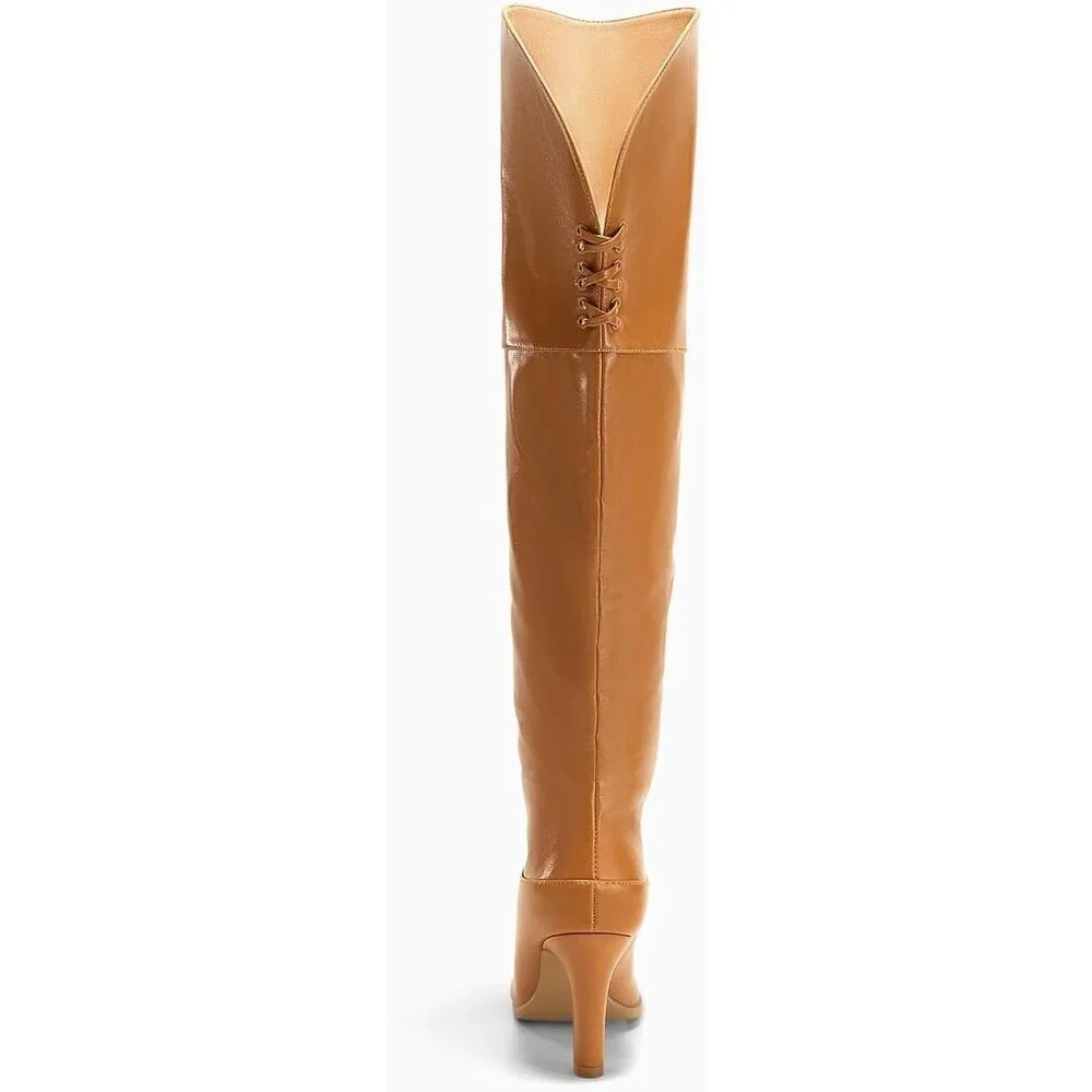 🆕Women Light Brown Thigh High Pointed Toe Chunky Heel Over the Knee Boot